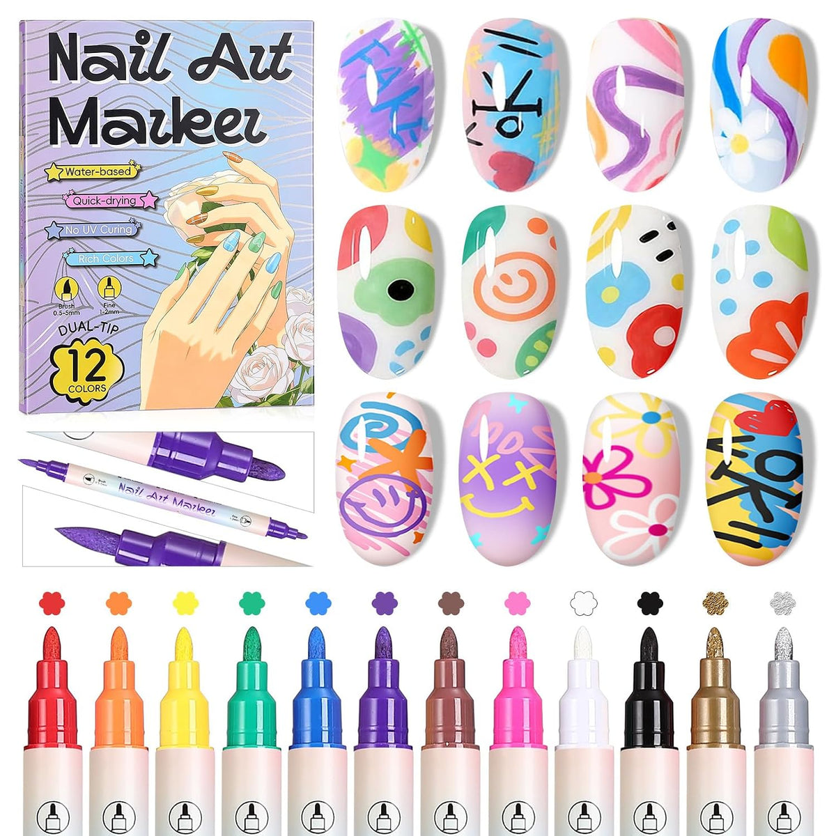 Nail Art Pens Set for Painting Dots Liner Lettering & Design