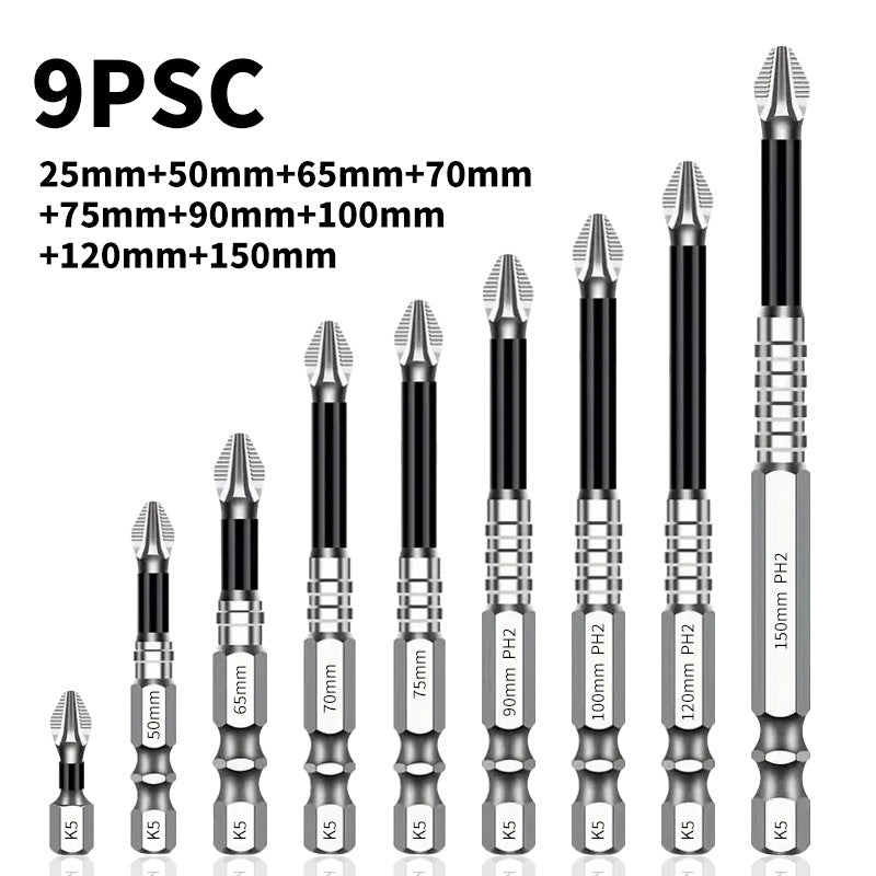 High Magnetic Screwdriver Drill Bit Set, 25 50 65 70 75 90 100 120 150mm (9Pcs)