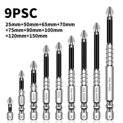 High Magnetic Screwdriver Drill Bit Set, 25 50 65 70 75 90 100 120 150mm (9Pcs)