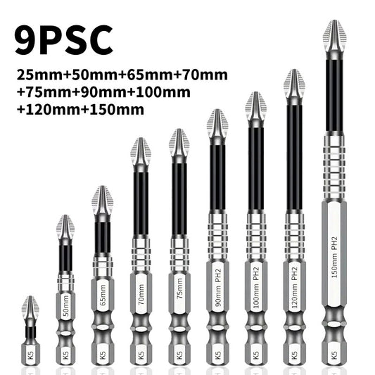 High Magnetic Screwdriver Drill Bit Set, 25 50 65 70 75 90 100 120 150mm (9Pcs)