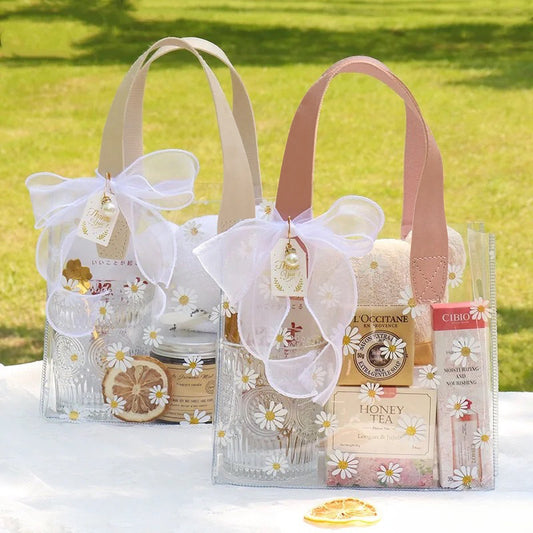 Clear Gift Bag with Handle and Small Daisy Print – Sturdy, Durable, and Waterproof Party Gift Bag