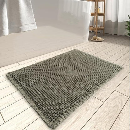 Waffle Bath Mat with Tassels , Soft Super Absorbent Non-Slip