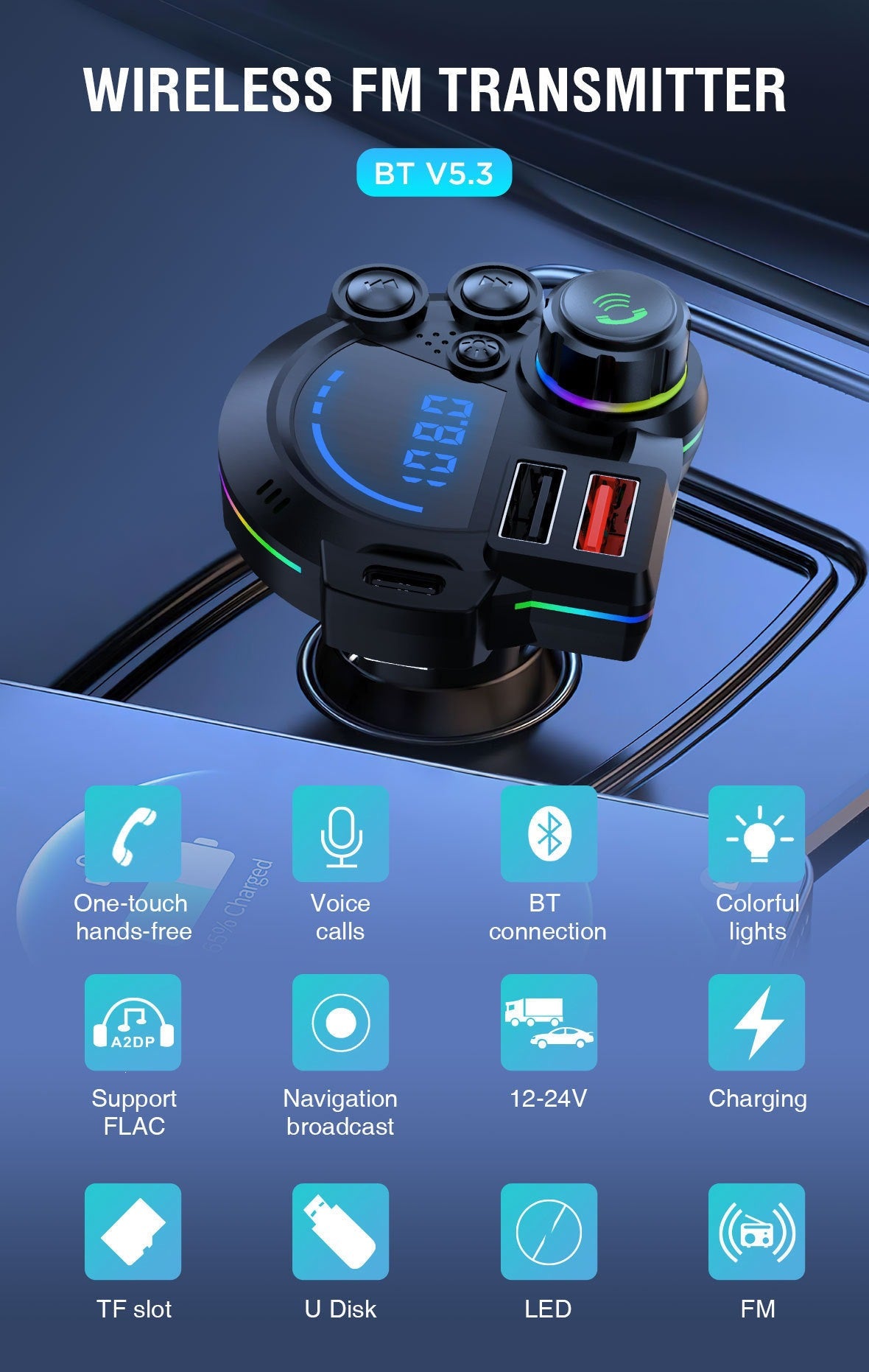 FM Transmitter, Bluetooth 5.3 Car Radio Audio Adapter MP3 Player With Dual USB Charger for Phone and Tablets