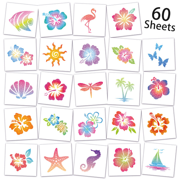 60PCS Glitter Hibiscus Temporary Tattoos – Summer Hawaiian Flower Tattoos for Women, Luau Party & Beach Favors