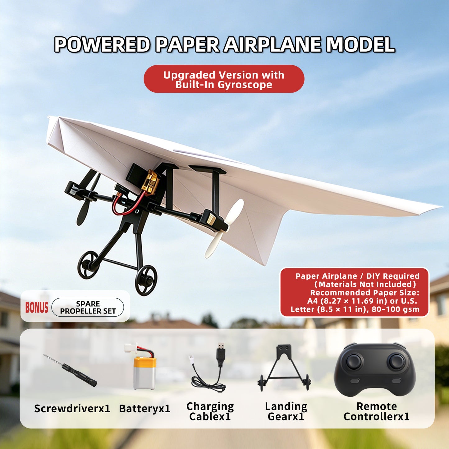 RC Paper Plane Conversion Kit, DIY Power Module with Gyro & Dual Propeller, Landing Gear