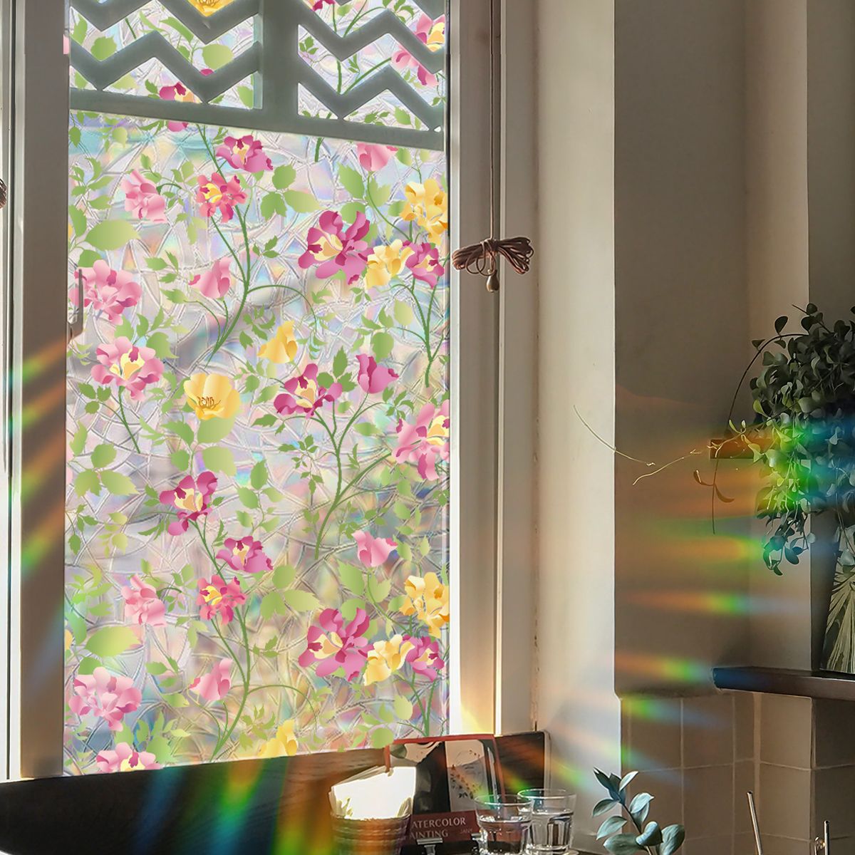 Floral Stained-Glass Style Privacy Window Film