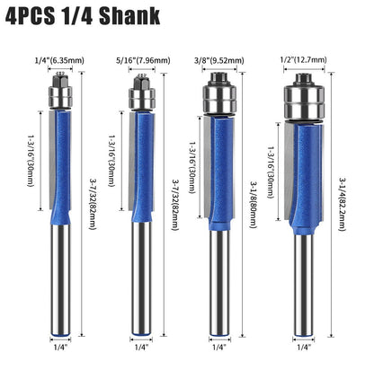4 Pcs Dual Bearing Flush Trim Router Bit Set, 1/4 Inch Shank