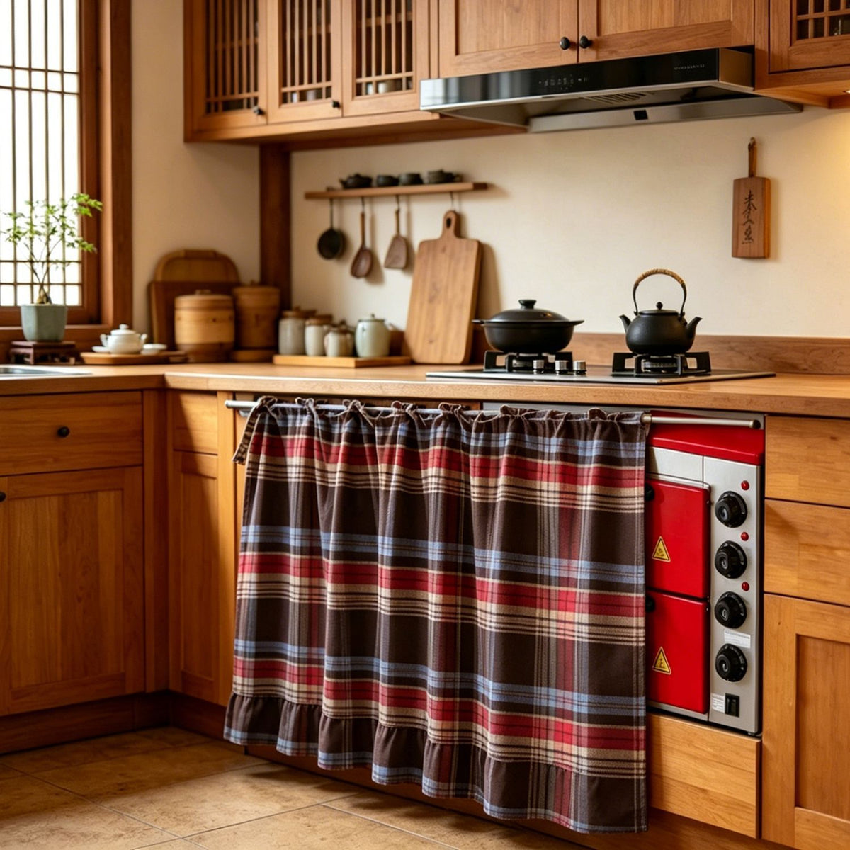 Christmas Gingham Tiered Length Stove Front Curtain