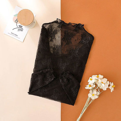 Sheer mock-neck lace base layer top