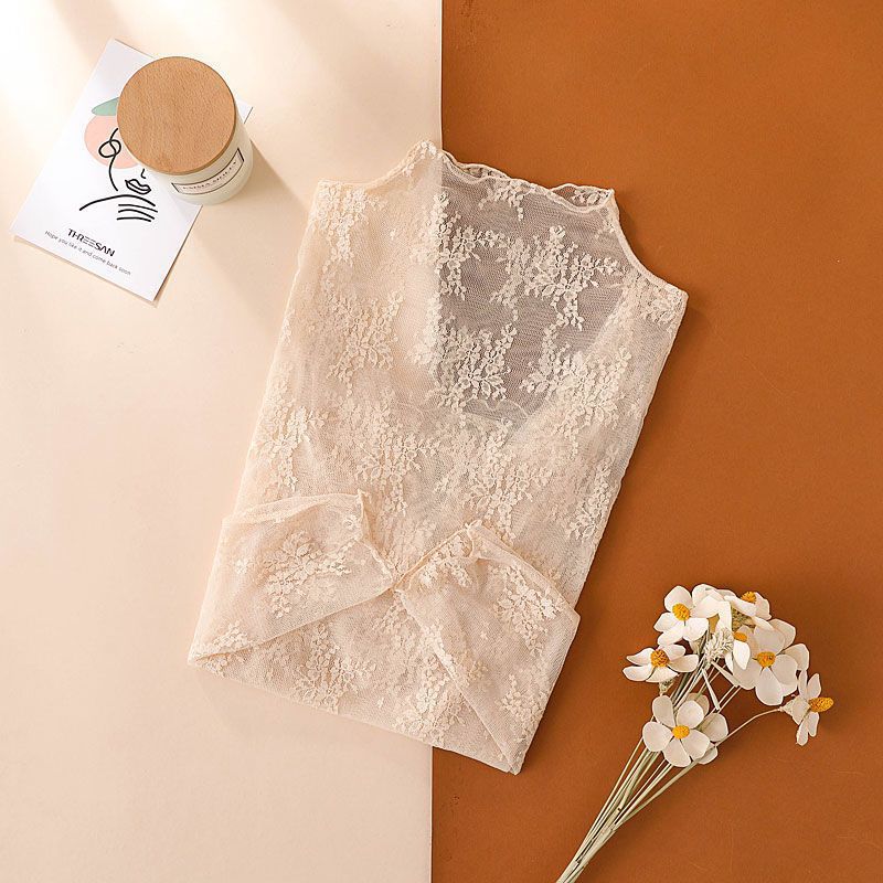 Sheer mock-neck lace base layer top