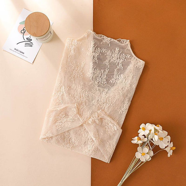 Sheer mock-neck lace base layer top