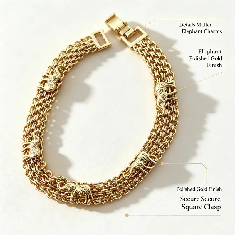 Cuban Metal Gold-Plated Vintage Elephant Bracelet, 7-inch