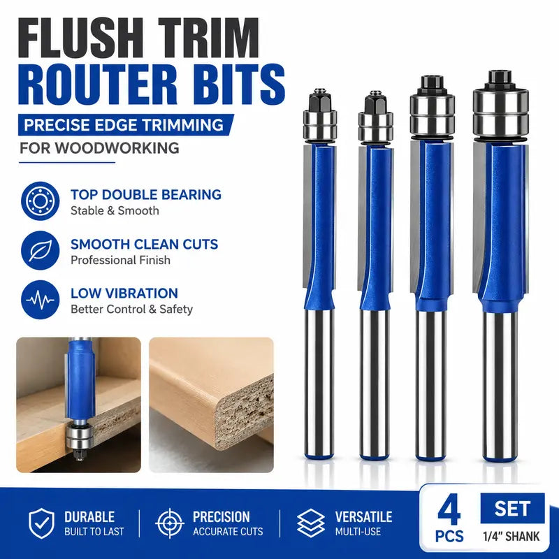 4 Pcs Dual Bearing Flush Trim Router Bit Set, 1/4 Inch Shank
