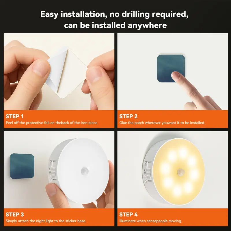 2 Pcs Indoor Motion Sensor Night Light, USB Rechargeable Lamp, Magnetic Mount