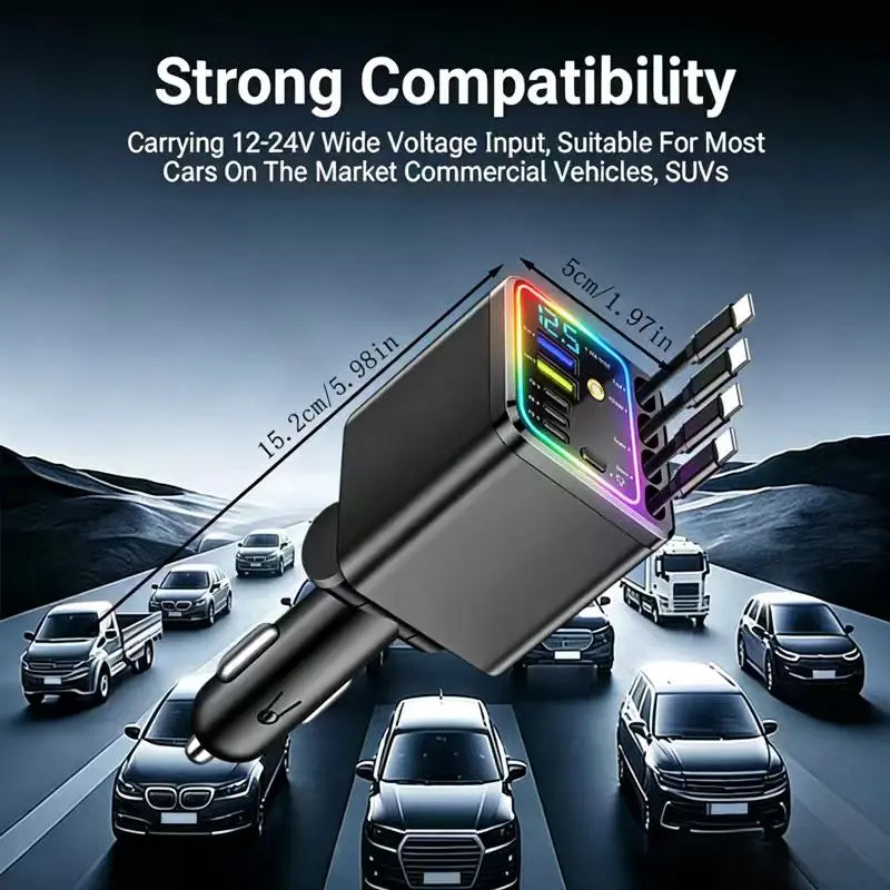 7 In 1 Retractable Car Charger,102W Star Lights Fast Charging Car Charger