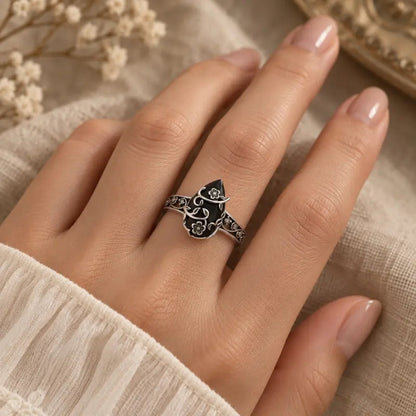 Silver-Plated Black Tourmaline-Style Ring - Floral Teardrop Design
