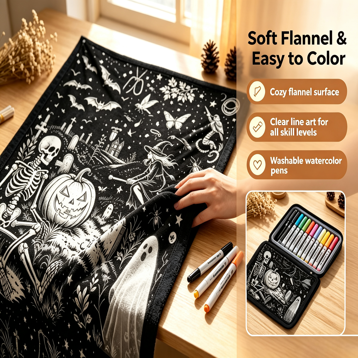 Halloween DIY Coloring Mat 70x100 - Includes 24 Washable Markers