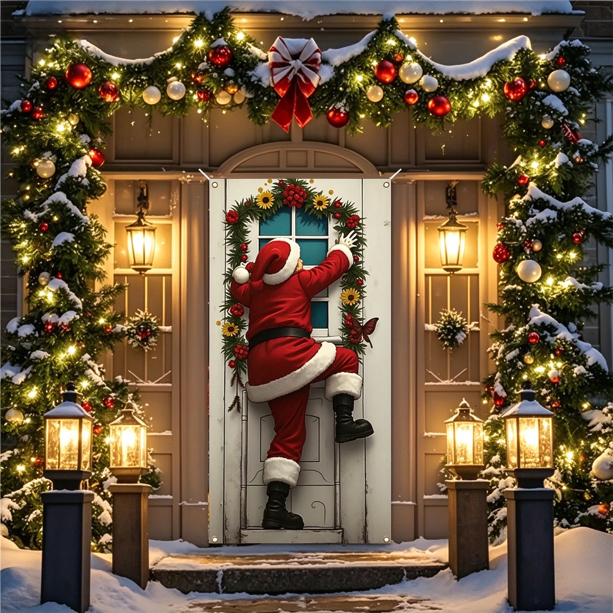 Santa & Reindeer Stretch Fabric Door Banner with Elastic Edges