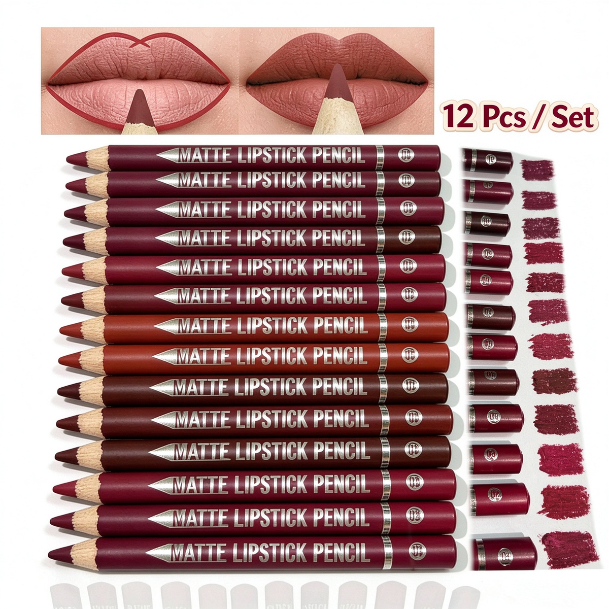 12Pcs Matte Lip Liner With Sharpener Set Waterproof Smudgeproof