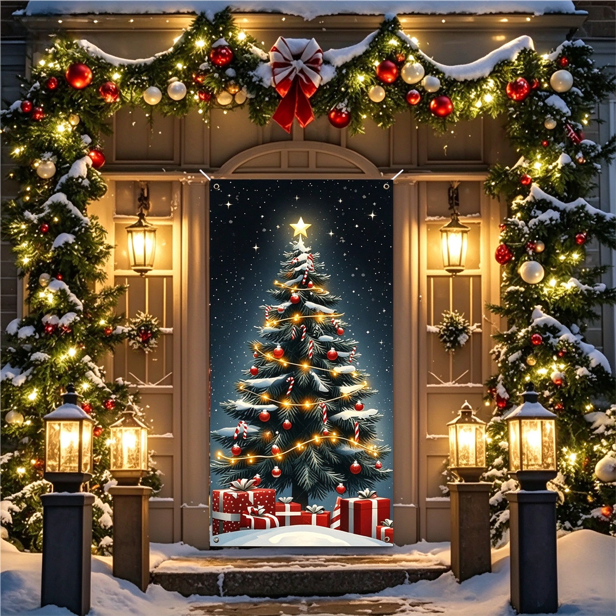 Santa & Reindeer Stretch Fabric Door Banner with Elastic Edges