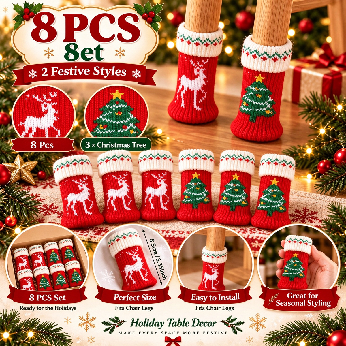 8Pcs Christmas Knit Chair Leg Floor Protectors, Anti-Scratch