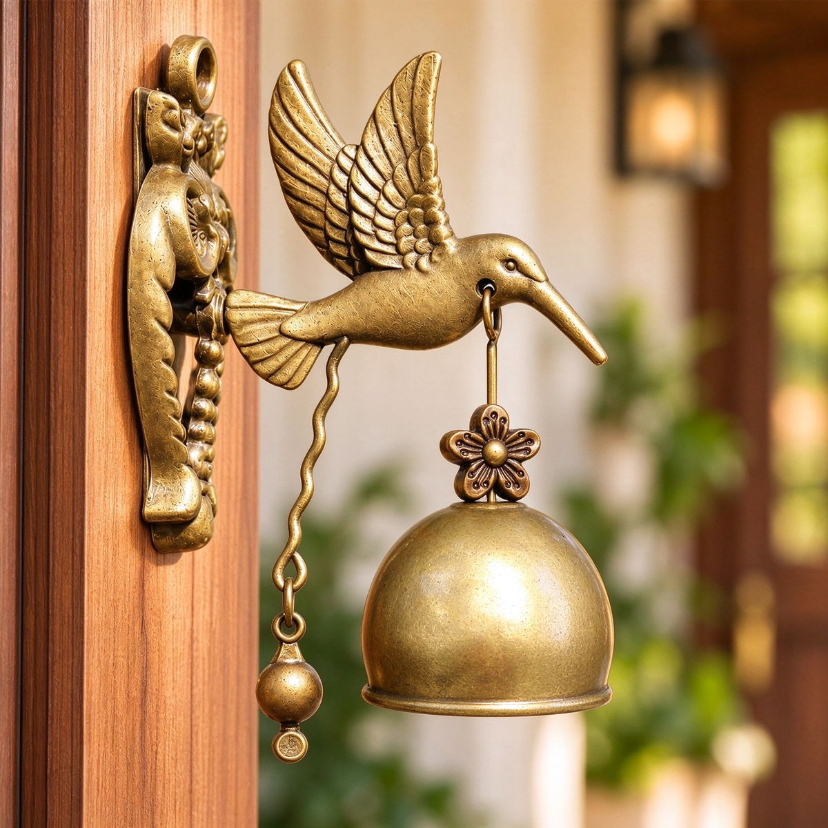 Vintage Hummingbird Doorbell, Wall-Mounted Antique Brass Metal Entry Bell