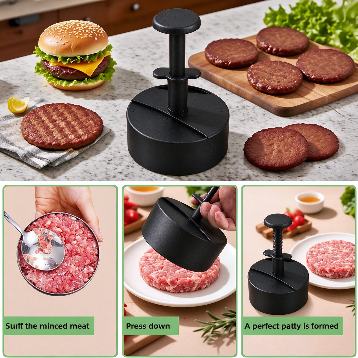 Hamburger Patty Maker with Press Handle, Burger Mold for Even Cooking