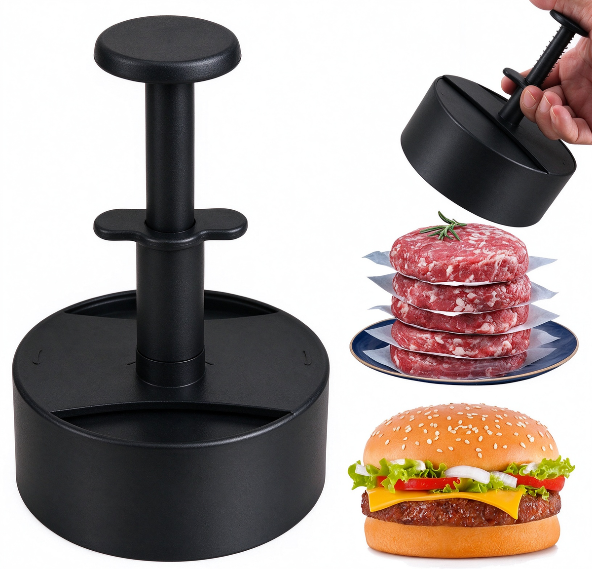 Hamburger Patty Maker with Press Handle, Burger Mold for Even Cooking