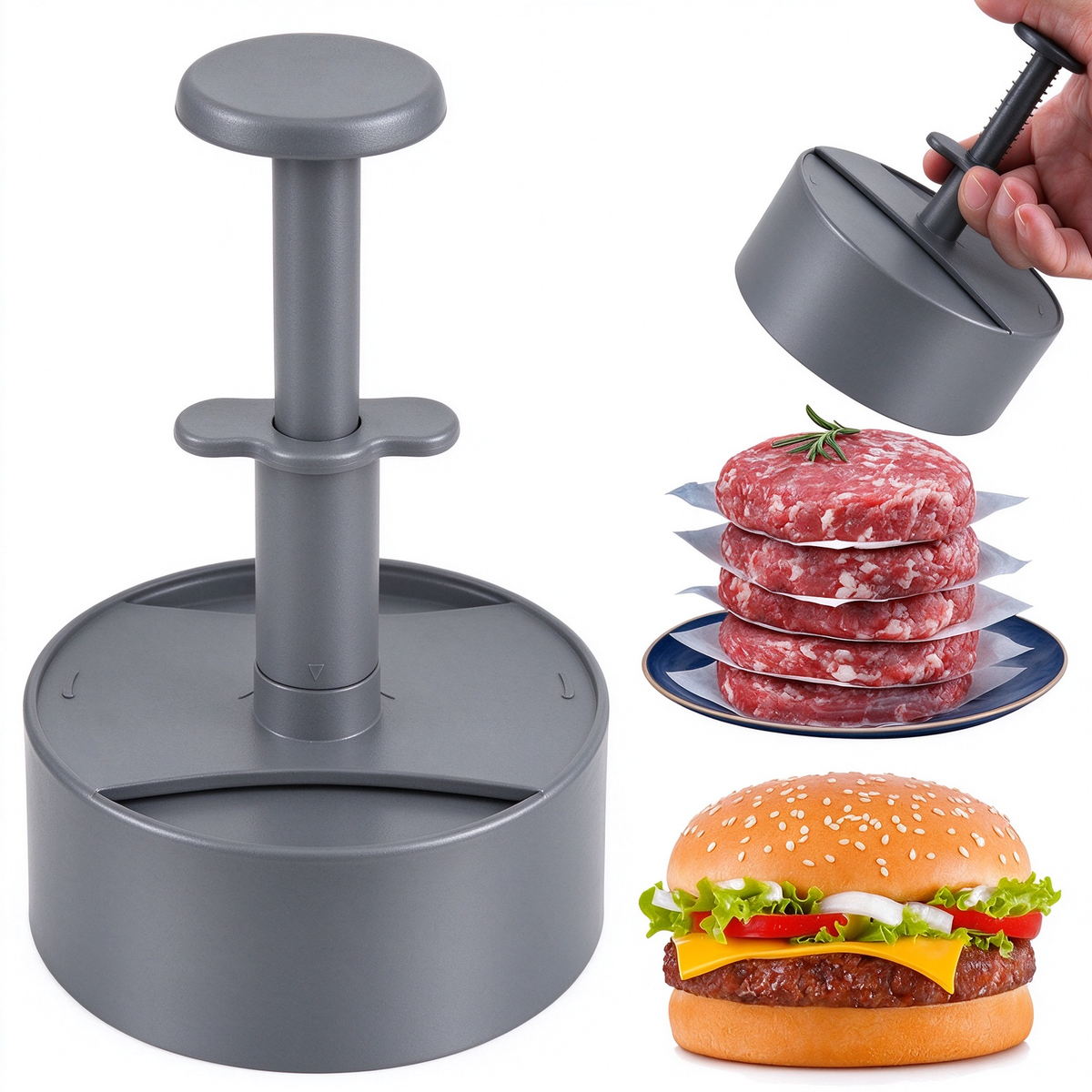 Hamburger Patty Maker with Press Handle, Burger Mold for Even Cooking