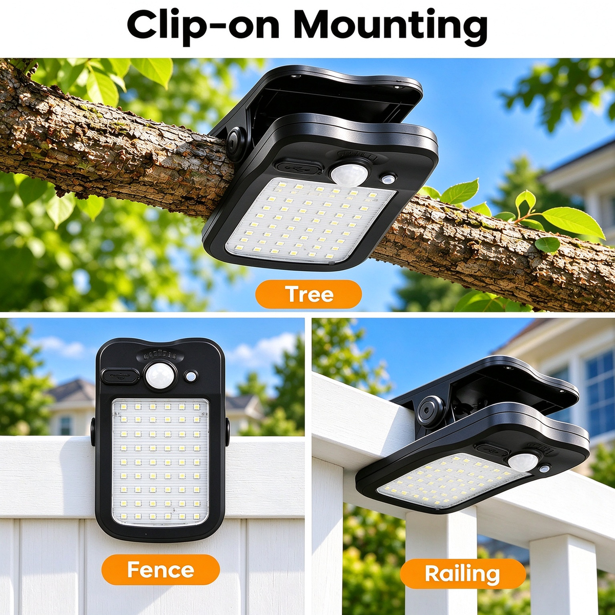 Clip On Solar Lights Outdoor, 60 LEDs  USB & Solar Motion Sensor Clamp On Light