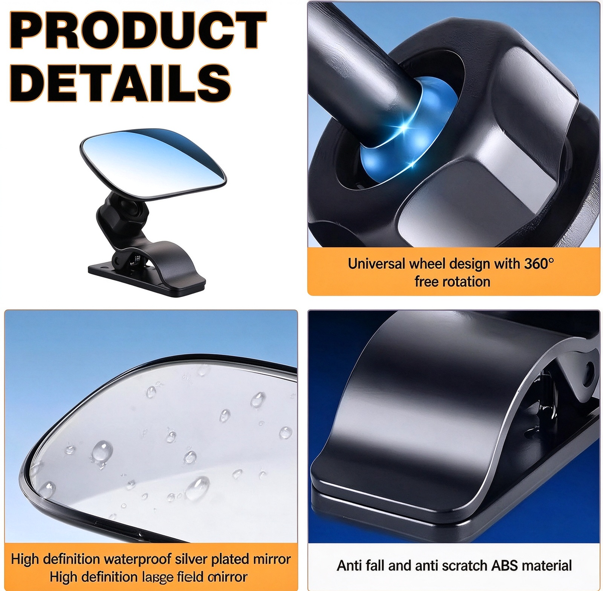 Universal Clip-on Automotive 360° Rotation Adjustable Wide Angle Convex Mirror