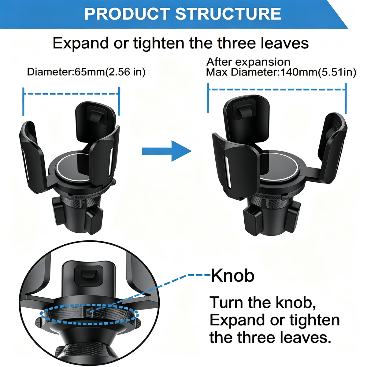 Adjustable Car Cup Holder Extender - With 360° Rotating Extendable Base