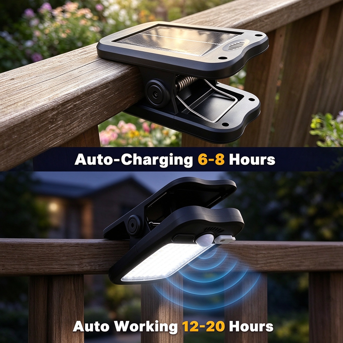 Clip On Solar Lights Outdoor, 60 LEDs  USB & Solar Motion Sensor Clamp On Light