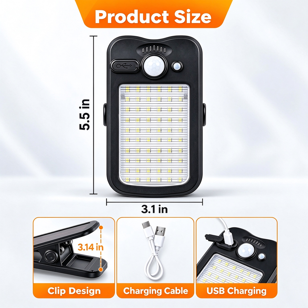 Clip On Solar Lights Outdoor, 60 LEDs  USB & Solar Motion Sensor Clamp On Light