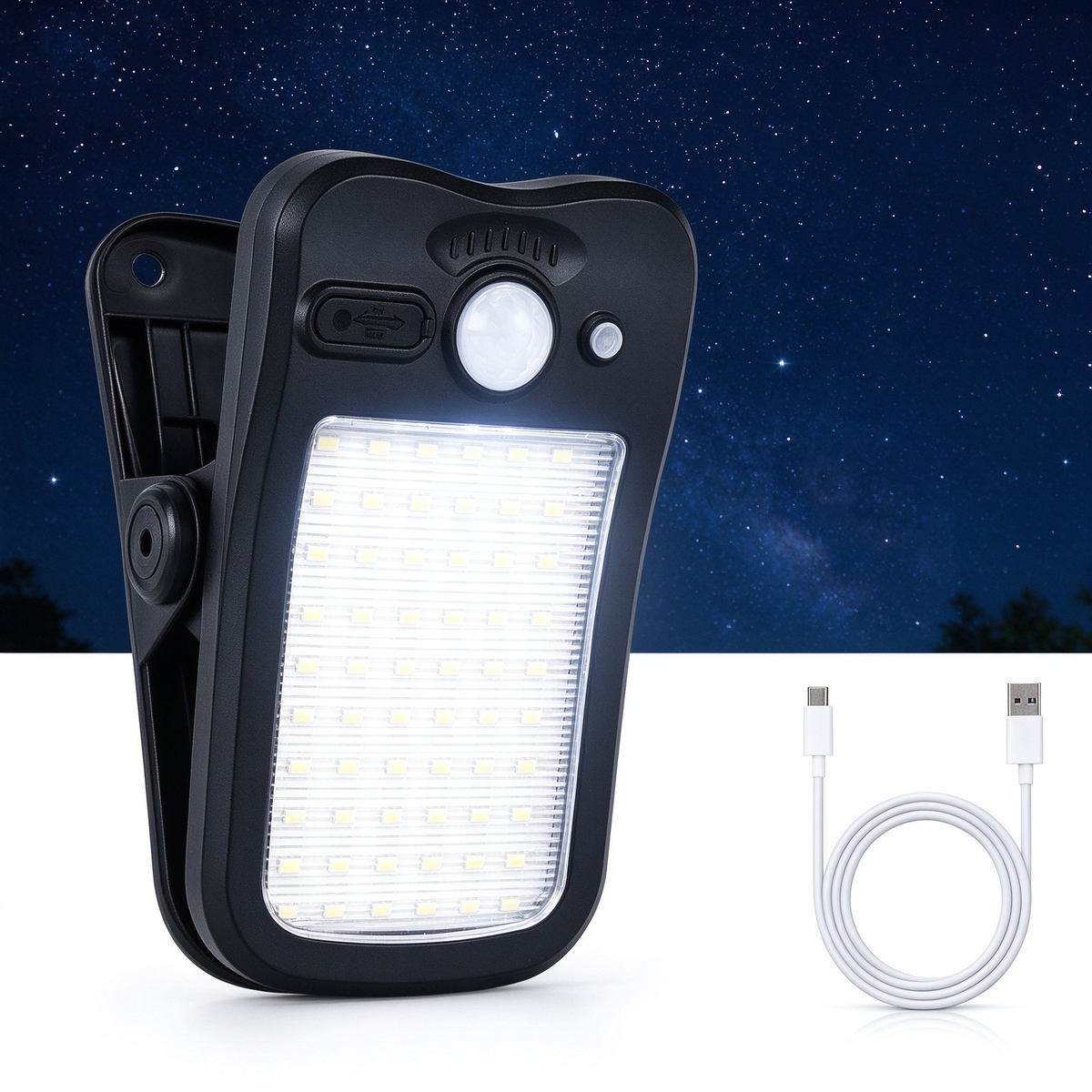 Clip On Solar Lights Outdoor, 60 LEDs  USB & Solar Motion Sensor Clamp On Light