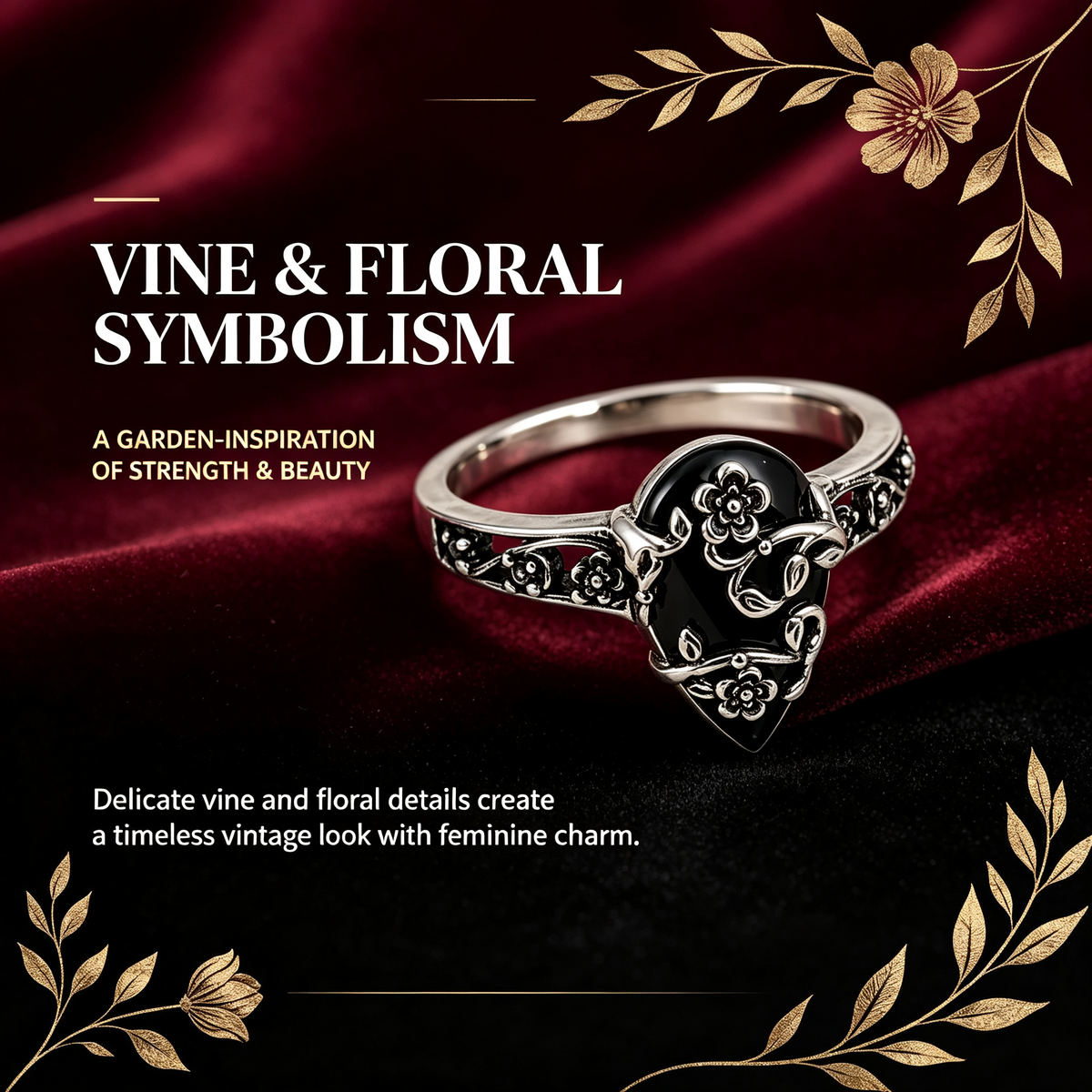 Silver-Plated Black Tourmaline-Style Ring - Floral Teardrop Design