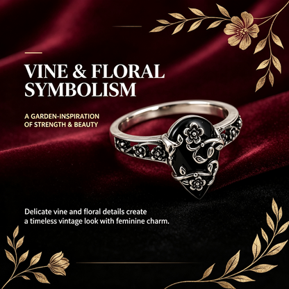Silver-Plated Black Tourmaline-Style Ring - Floral Teardrop Design