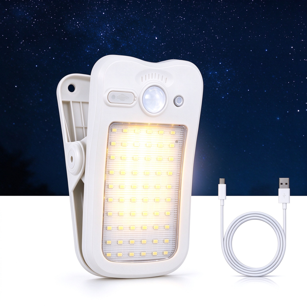 Clip On Solar Lights Outdoor, 60 LEDs  USB & Solar Motion Sensor Clamp On Light
