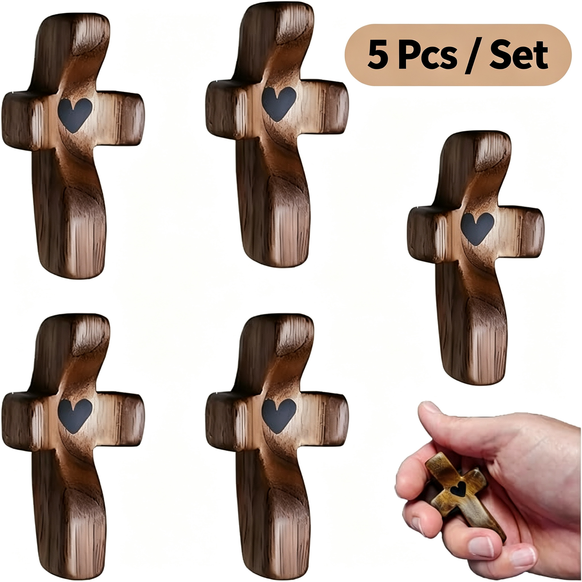 5 Pcs Mini Walnut Cross Set - Handmade - Christian Symbol
