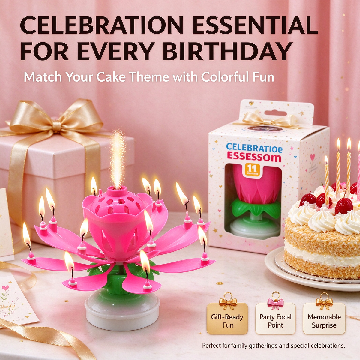 2Pack Rotatable Automatic Blooming Birthday Cake Decoration-with Birthday Song
