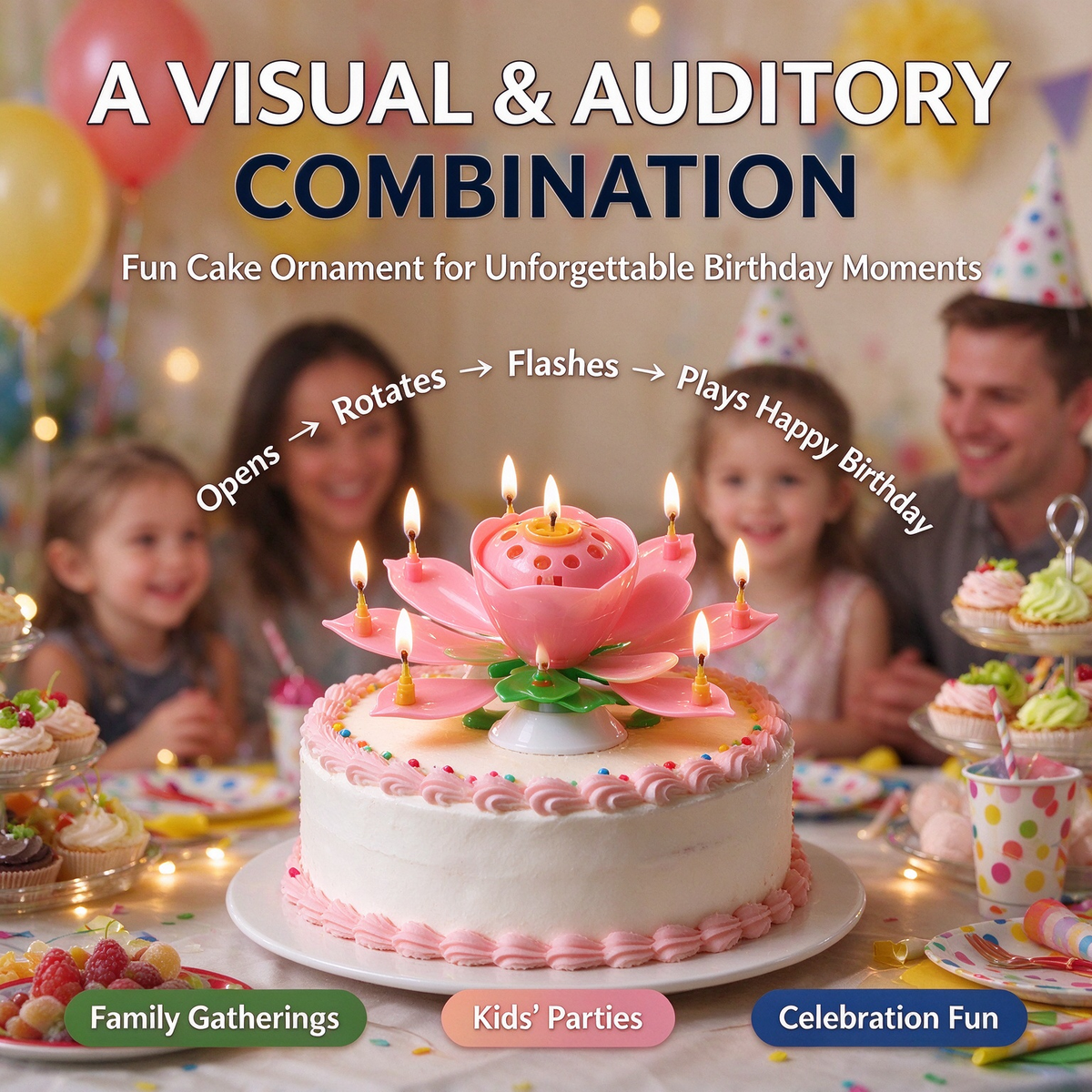 2Pack Rotatable Automatic Blooming Birthday Cake Decoration-with Birthday Song
