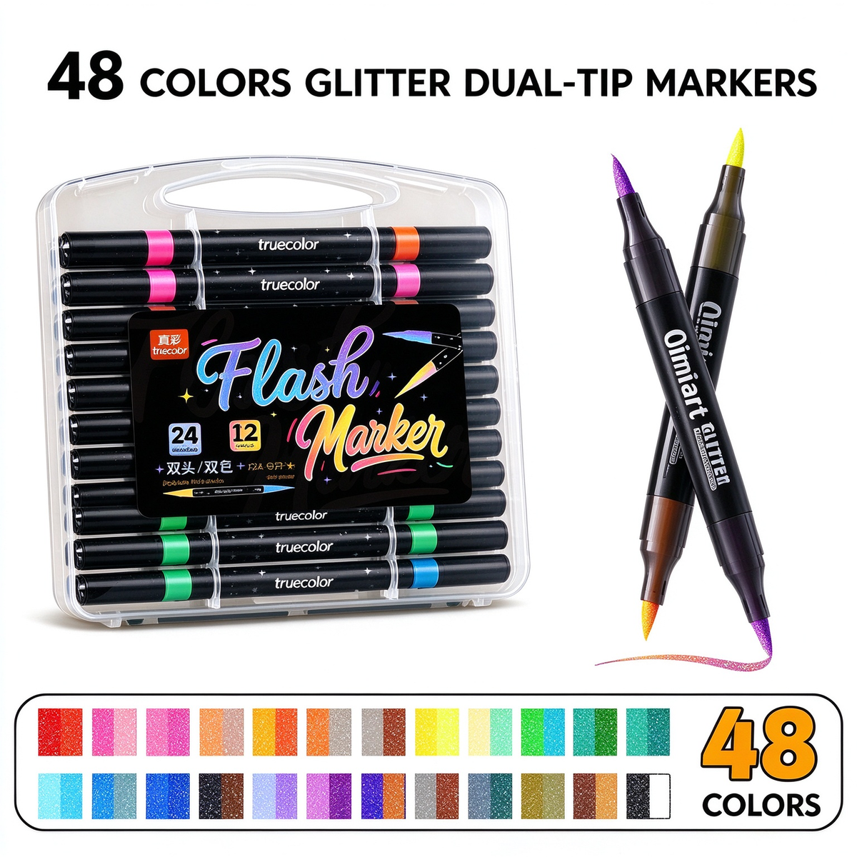 48 Colors Precision Dual Tip Shimmer Brush Pens - Brush & Fine